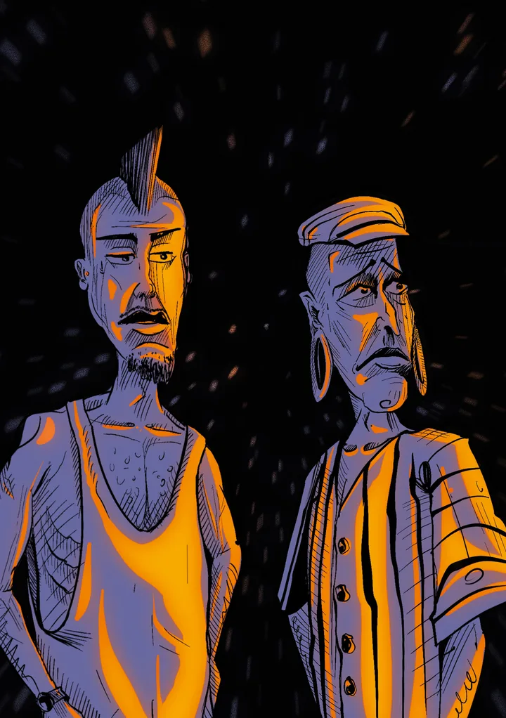 Bros, two figures in the dark