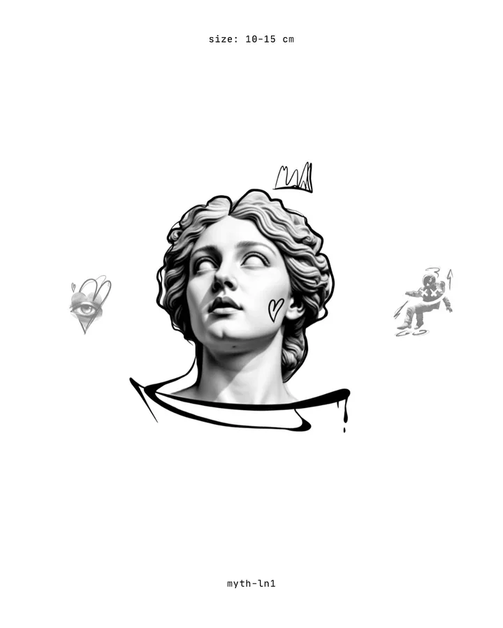 Myth, a classical bust with a heart on the cheek