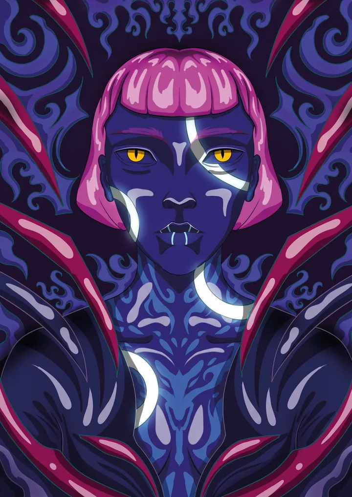 Pinky Poison, yellow eyes under a pink fringe