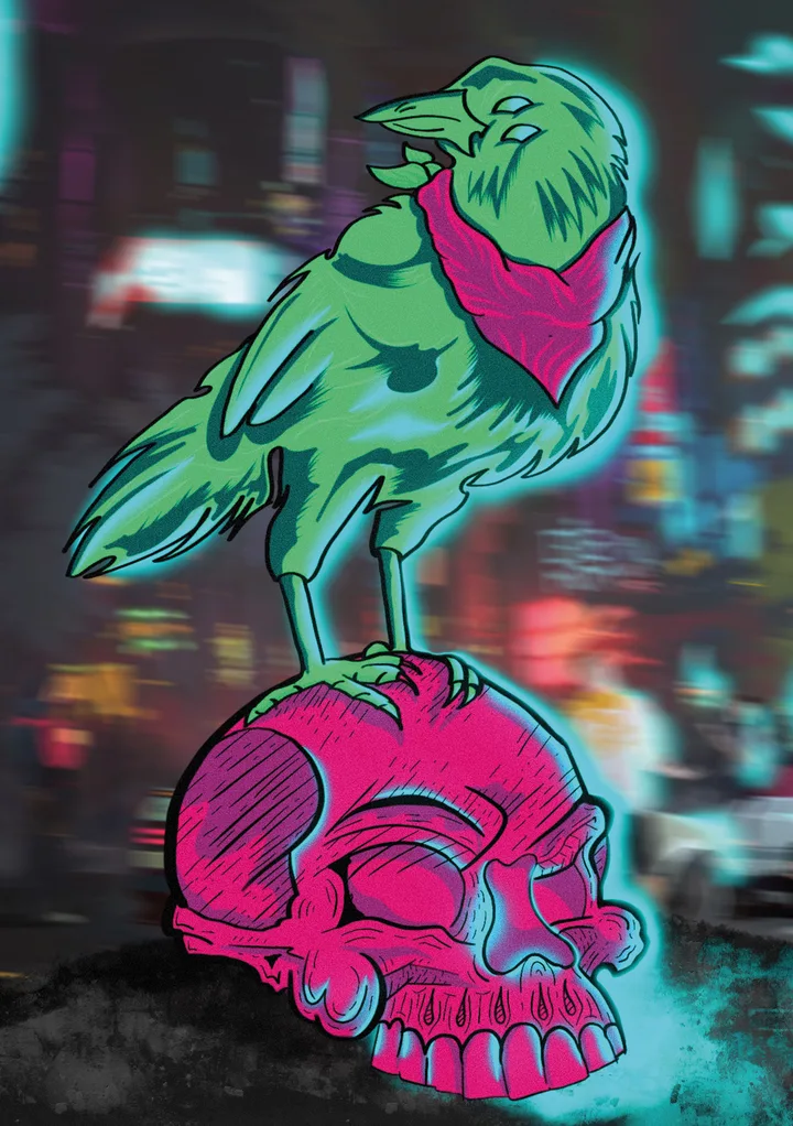 Toxic Crow, the green crow on a pink skull